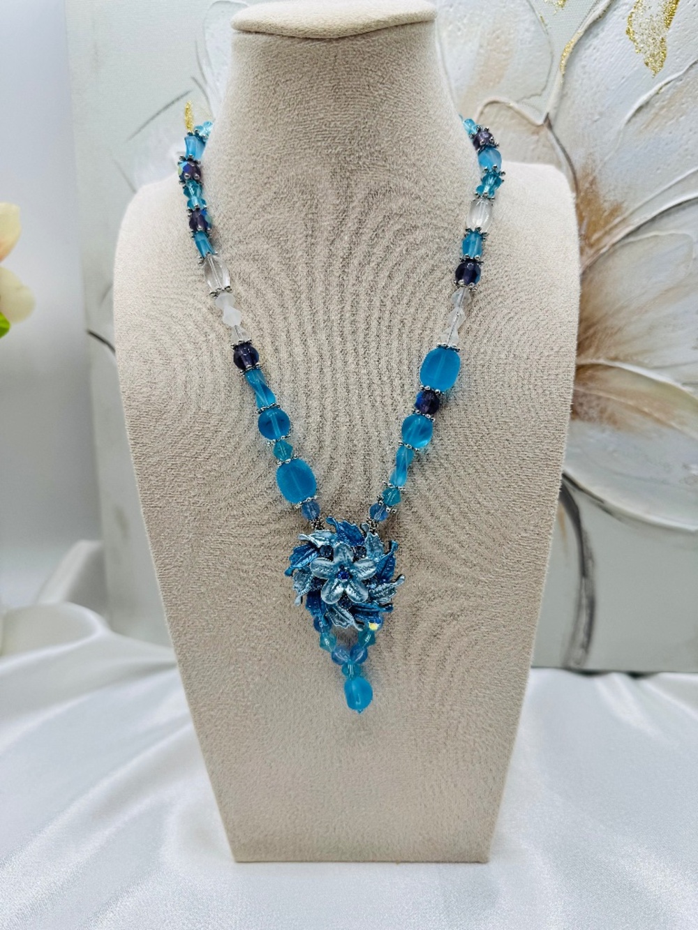 Blue Floral Pendant Statement Piece Beaded Toggle Necklace 17 inch